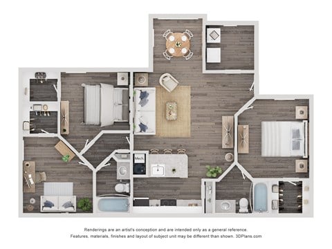 Floor plan for 3 beds, 2 baths, 1070 sqft